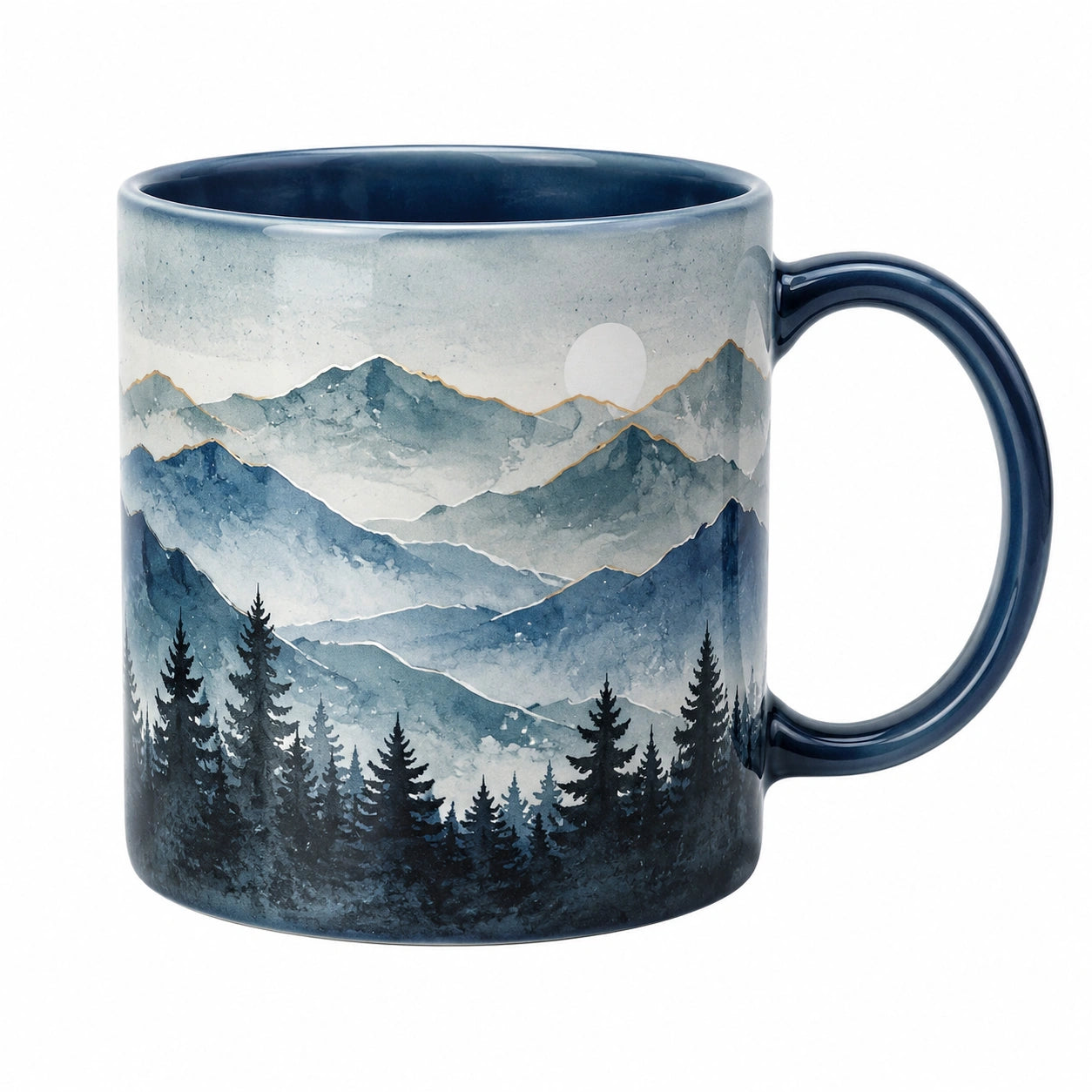 Keramik-Kaffeetasse mit Wald- und Bergmotiven Blau