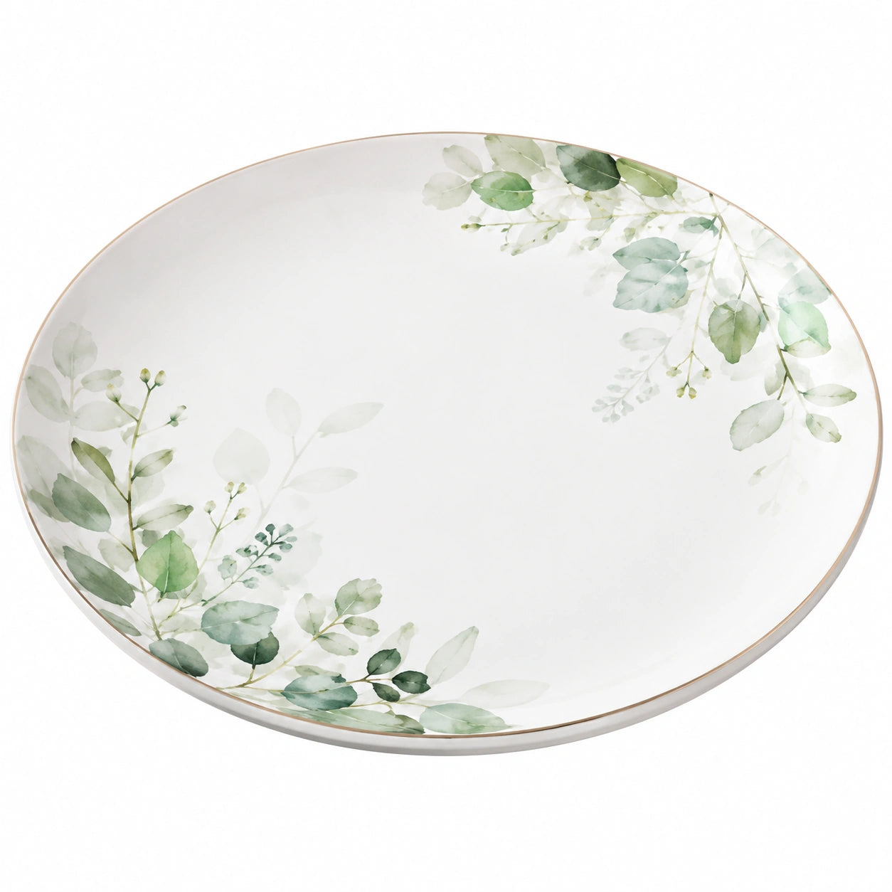 Runder Porzellanteller mit Blattdesign Weiß/Grün 28cm