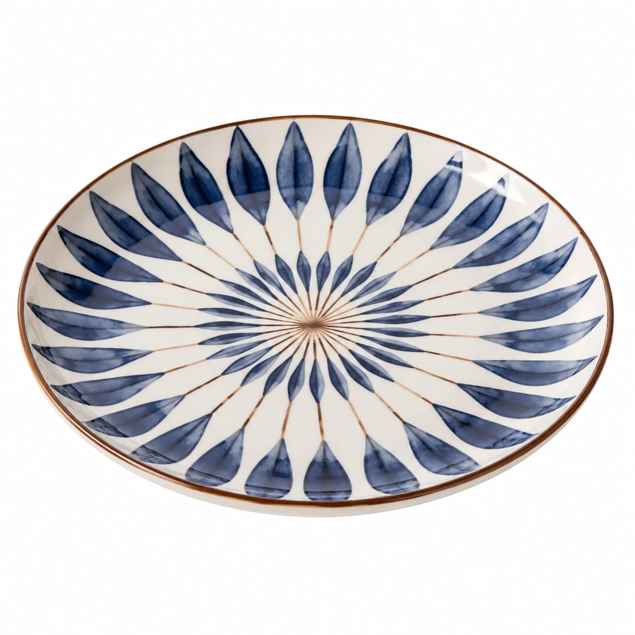 Runder Keramikteller mit Blau-Weißen Blattmuster, 28cm